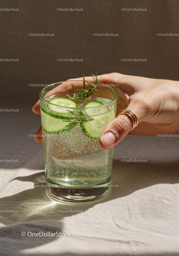 Refreshing cucumber and rosemary sparkling water glass