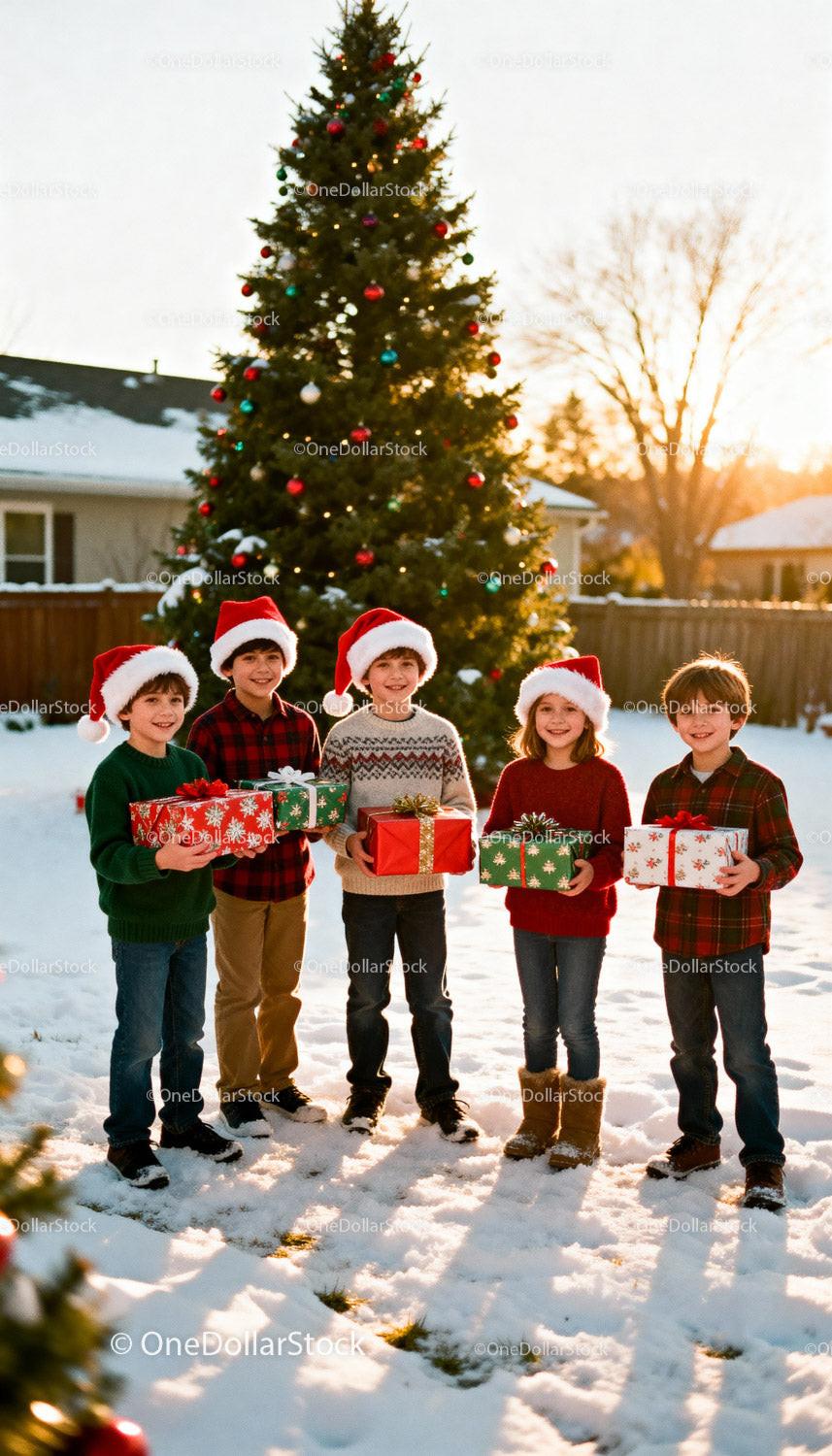 Children in Santa Hats Holding Christmas Gifts Outdoors