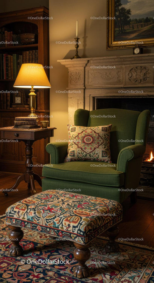 Cozy Reading Corner with Vintage Armchair and Fireplace