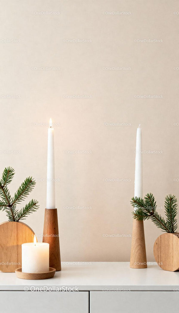 Minimalist holiday decor with candles and pine sprigs