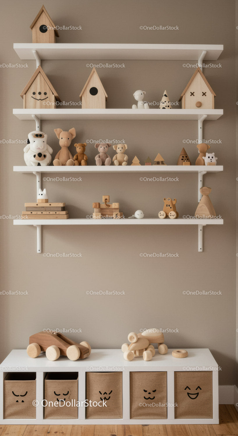 Whimsical Children's Room Decor with Wooden Toys and Plush Bears