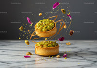 Pistachio tarts with caramel and flower petals
