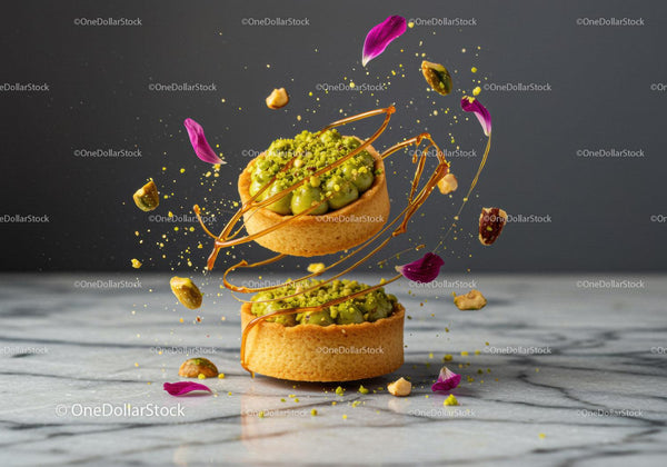 Pistachio tarts with caramel and flower petals