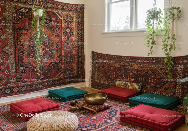 Cozy Meditation Corner with Cushions and Hanging Plants