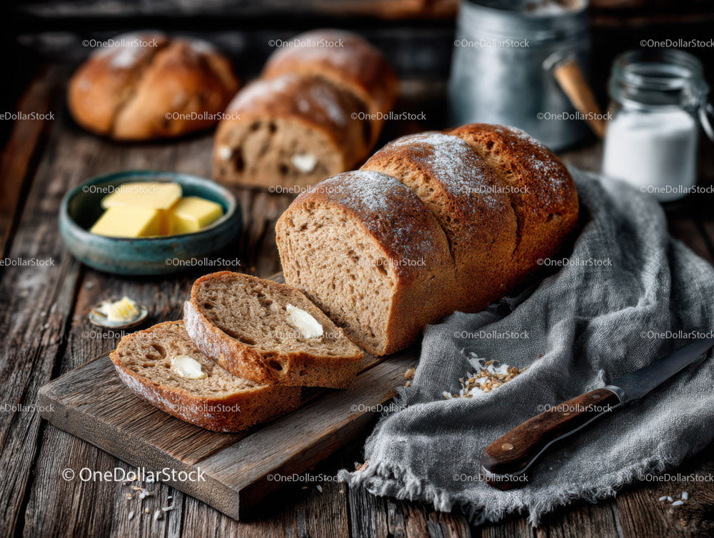 Fresh Rustic Loaf of Bread with Butter on Wooden Table