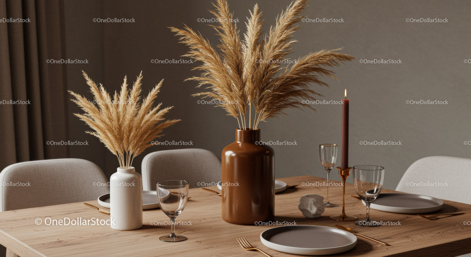 Modern Dining Table with Pampas Grass and Elegant Tableware