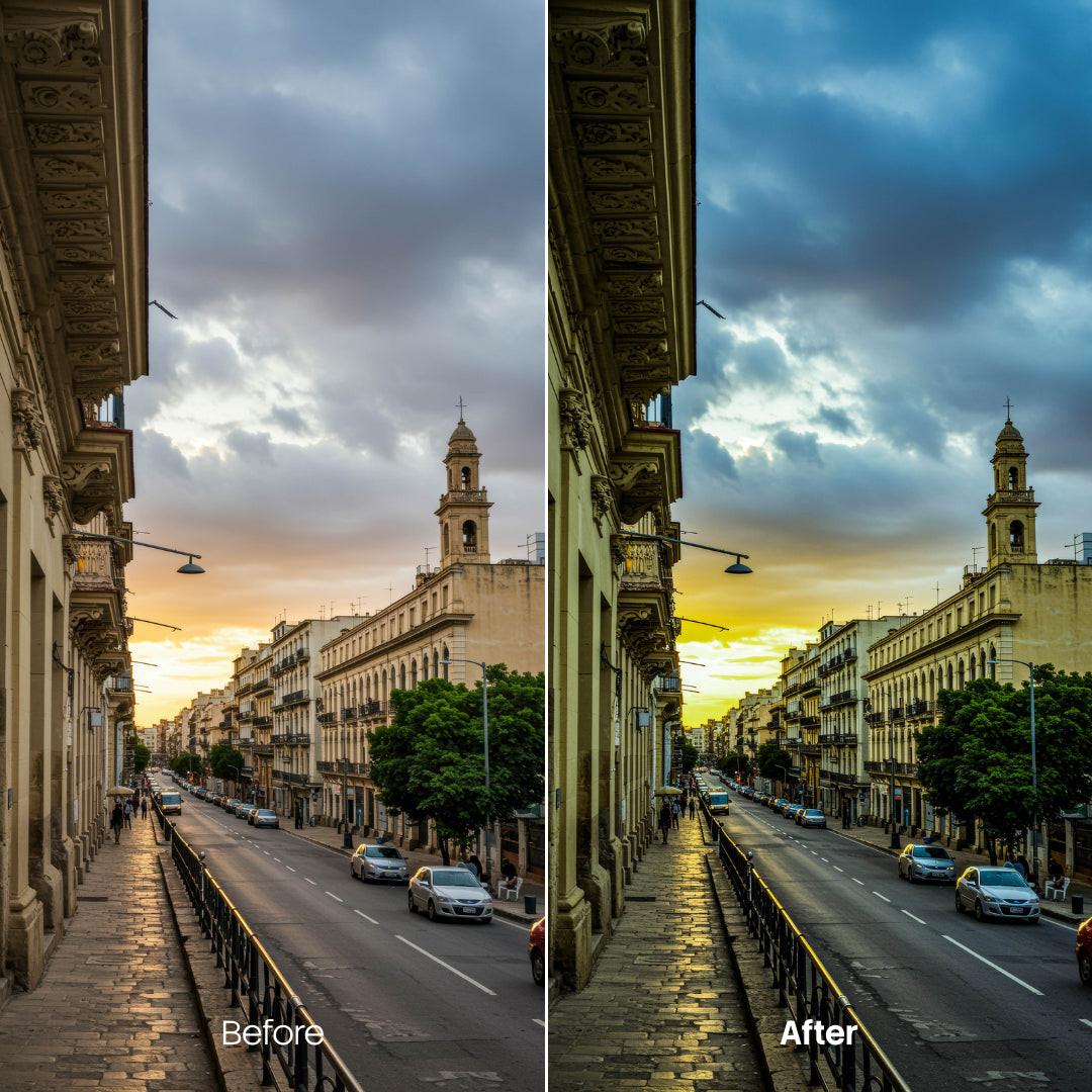 Before and after Cinematic Colorful Streets Lightroom preset edit