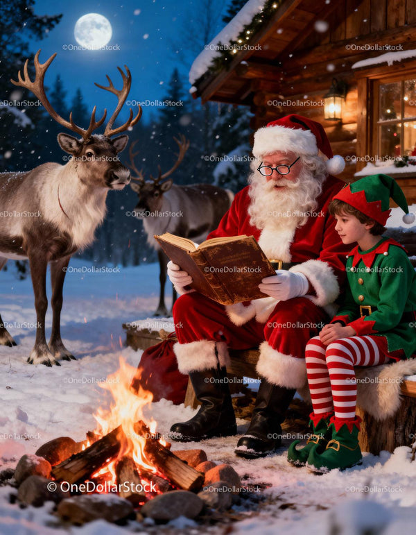 Santa Reading Stories by Fire with Elf and Reindeer
