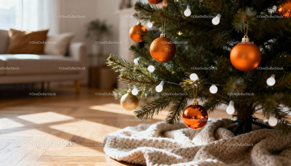Cozy living room with decorated Christmas tree and natural light