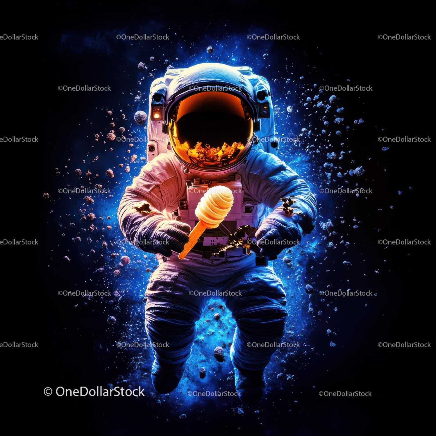 Colorful Astronaut Holding Ice Cream in Space with Galaxy Reflection
