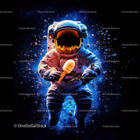 Colorful Astronaut Holding Ice Cream in Space with Galaxy Reflection