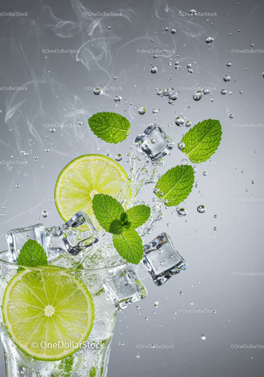 Fresh Lime and Mint Splash with Ice Cubes in Glass