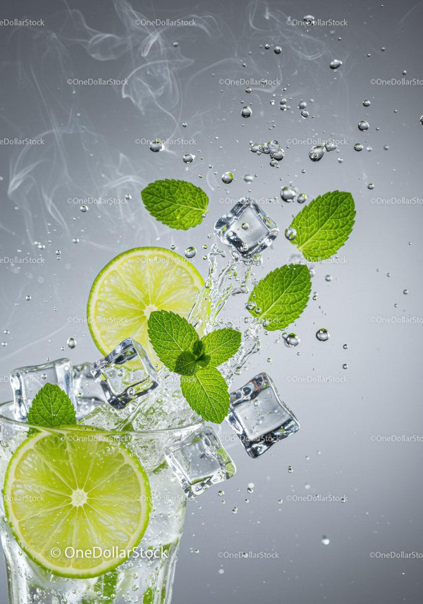 Fresh Lime and Mint Splash with Ice Cubes in Glass