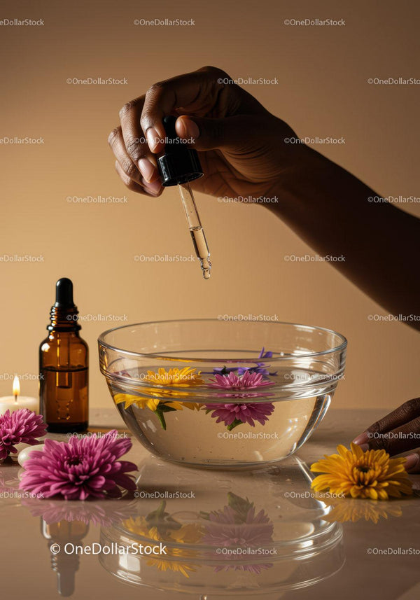Hand Dropping Essential Oil into Water with Flowers in Glass Bowl JPG Mockup Image