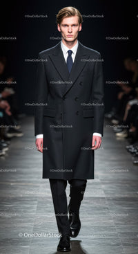 Male model walking runway in tailored black coat suit