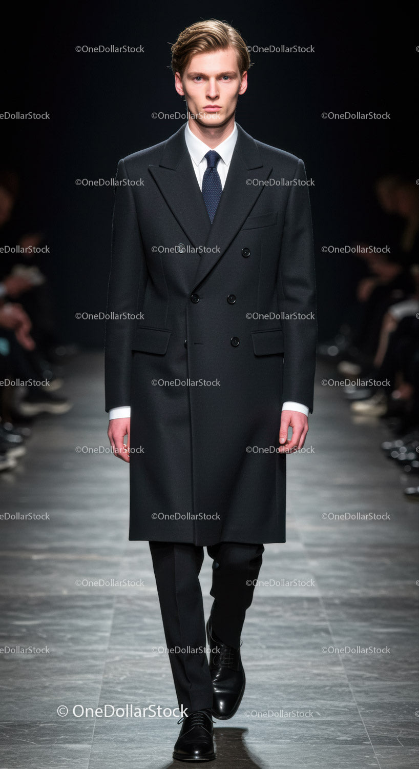Male model walking runway in tailored black coat suit