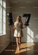 Young woman holding black number balloons indoors