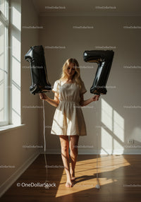 Young woman holding black number balloons indoors