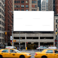 Busy City Street with Yellow Taxis and Blank Billboard