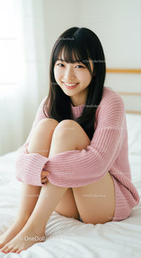 Young Woman Smiling in Pink Sweater Sitting on Bed in Bedroom