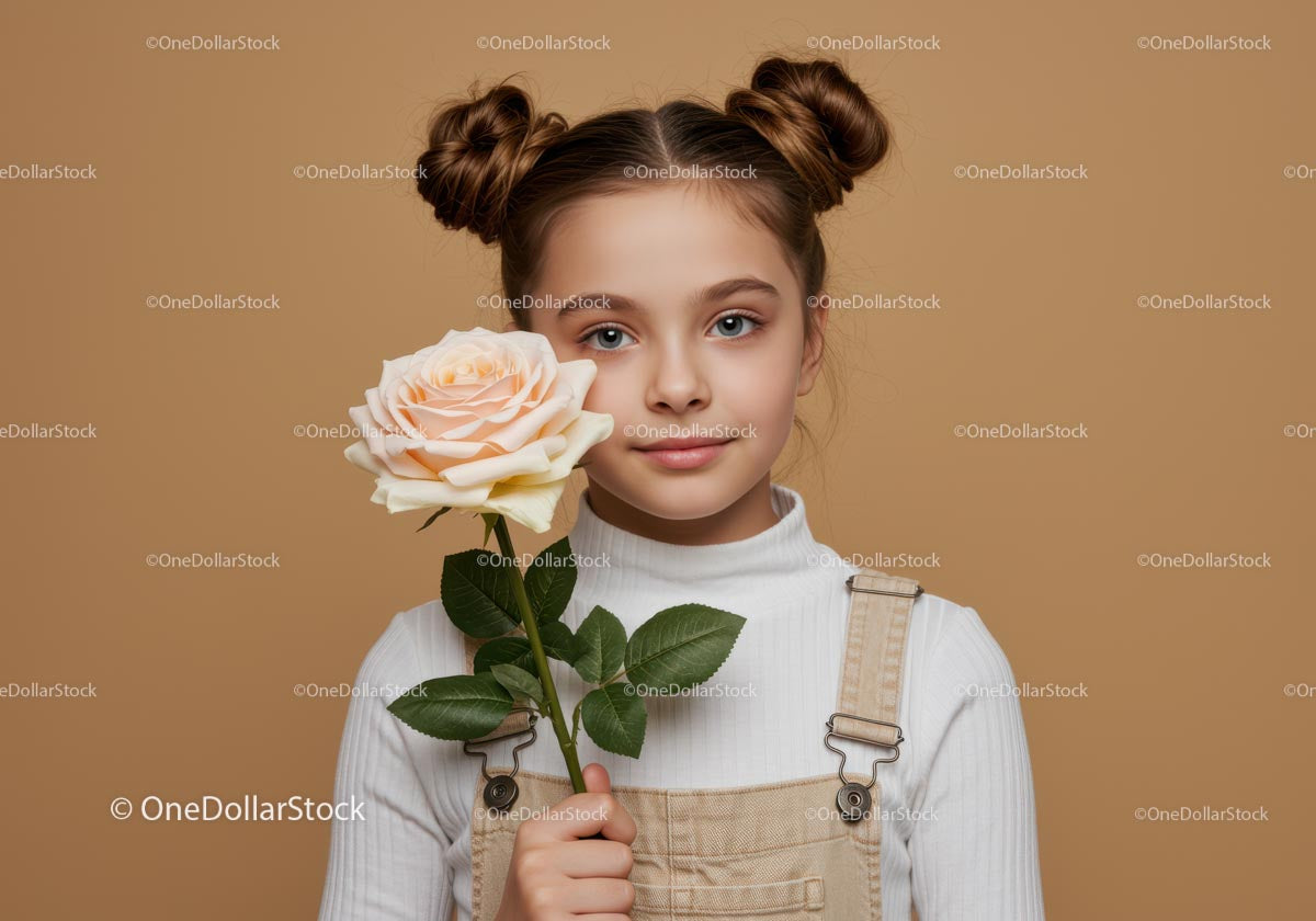 Young Girl Holding Pink Rose with Baby Doll Hairstyle in Neutral Studio