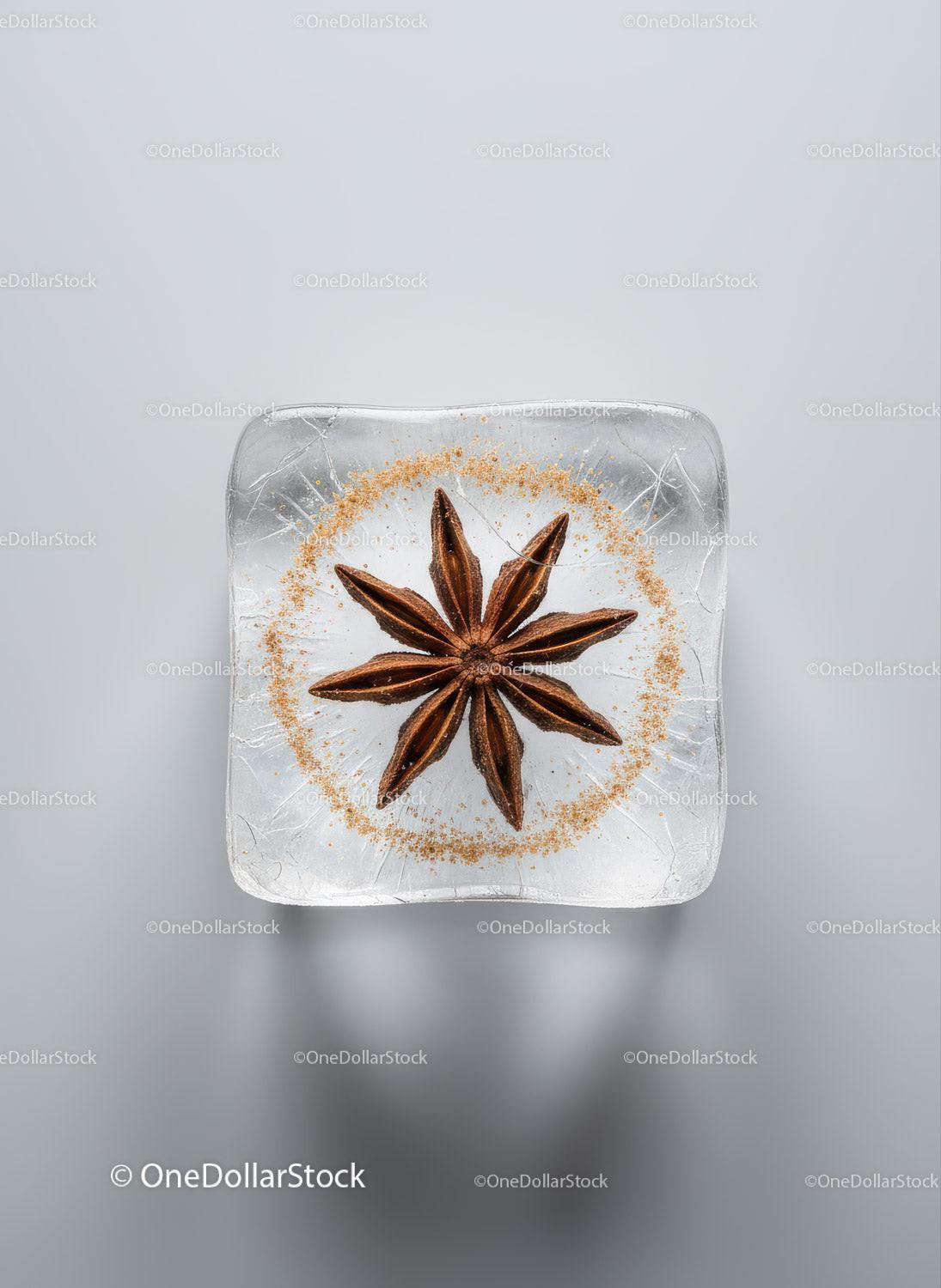 Star Anise Embedded in Transparent Ice Cube with Spice Ring