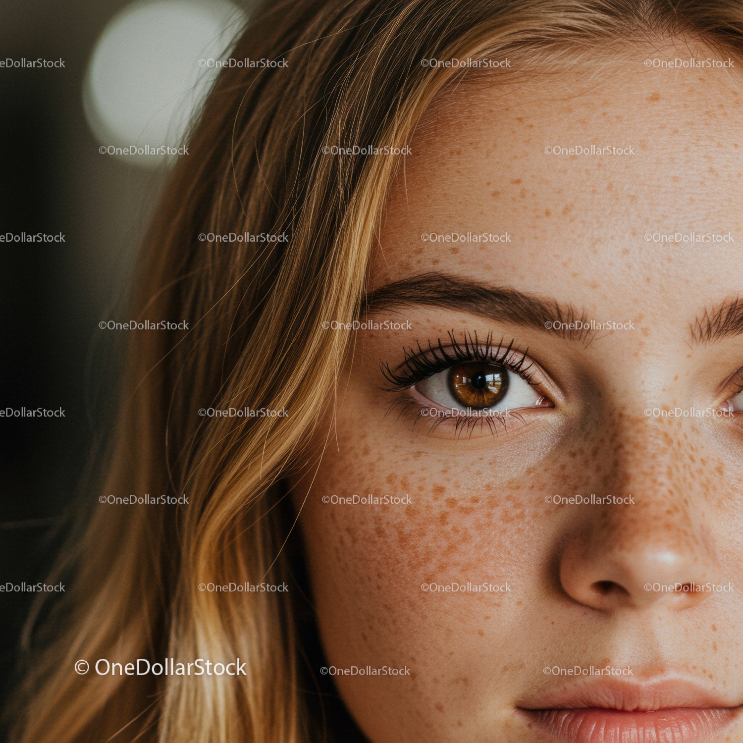 Close up of young woman with freckles and natural makeup