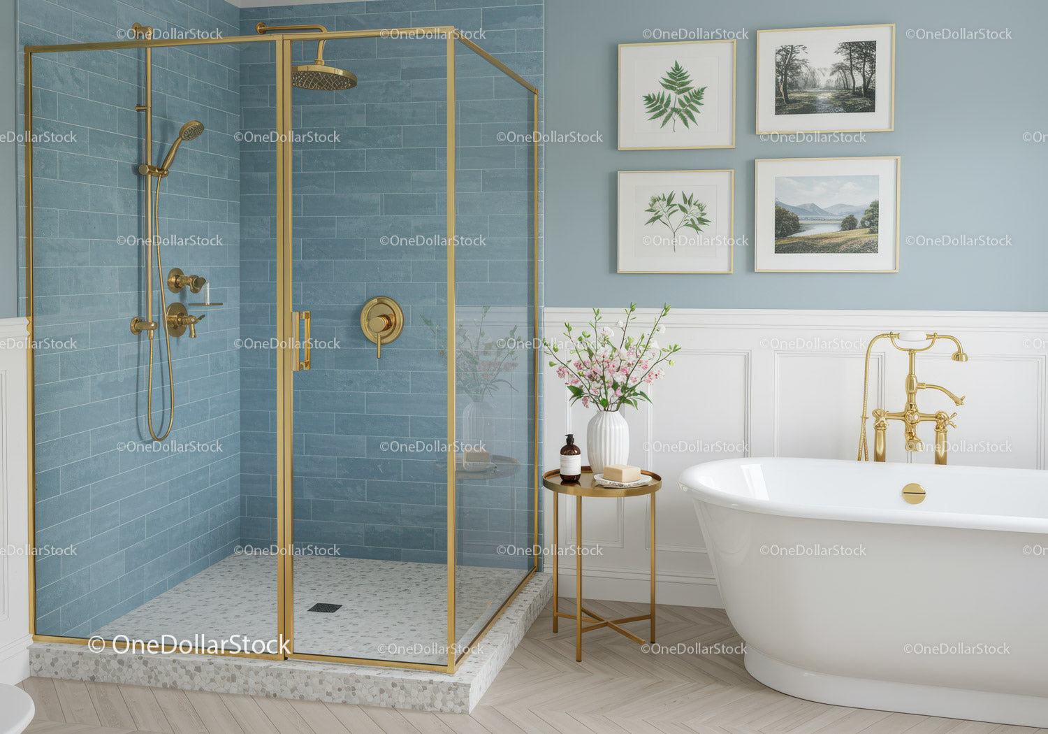 Elegant Bathroom with Blue Tile and Gold Fixtures
