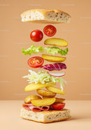 Fresh sandwich ingredients floating over ciabatta bread
