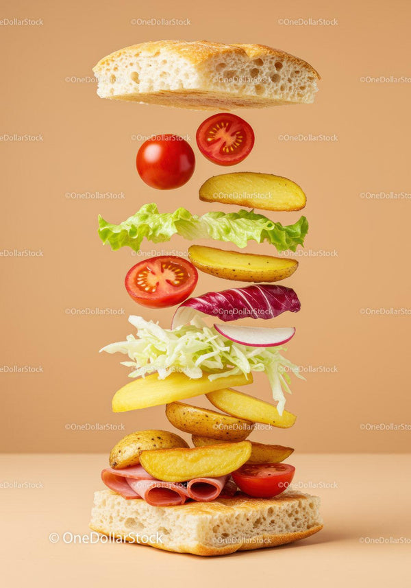 Fresh sandwich ingredients floating over ciabatta bread