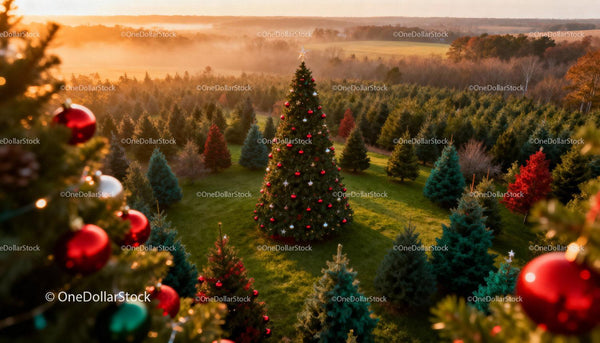 Christmas tree decorated with ornaments in scenic pine field