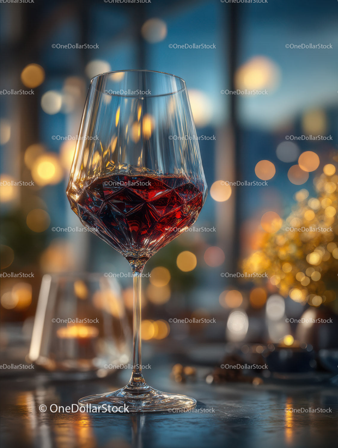 Eleganckie czerwone wino w kieliszku kryształowym z tłem bokeh