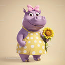 Cute Cartoon Hippo Holding Sunflower in Yellow Dress for Kids Illustration