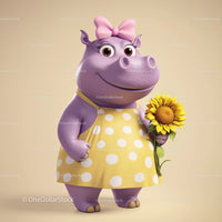 Cute Cartoon Hippo Holding Sunflower in Yellow Dress for Kids Illustration