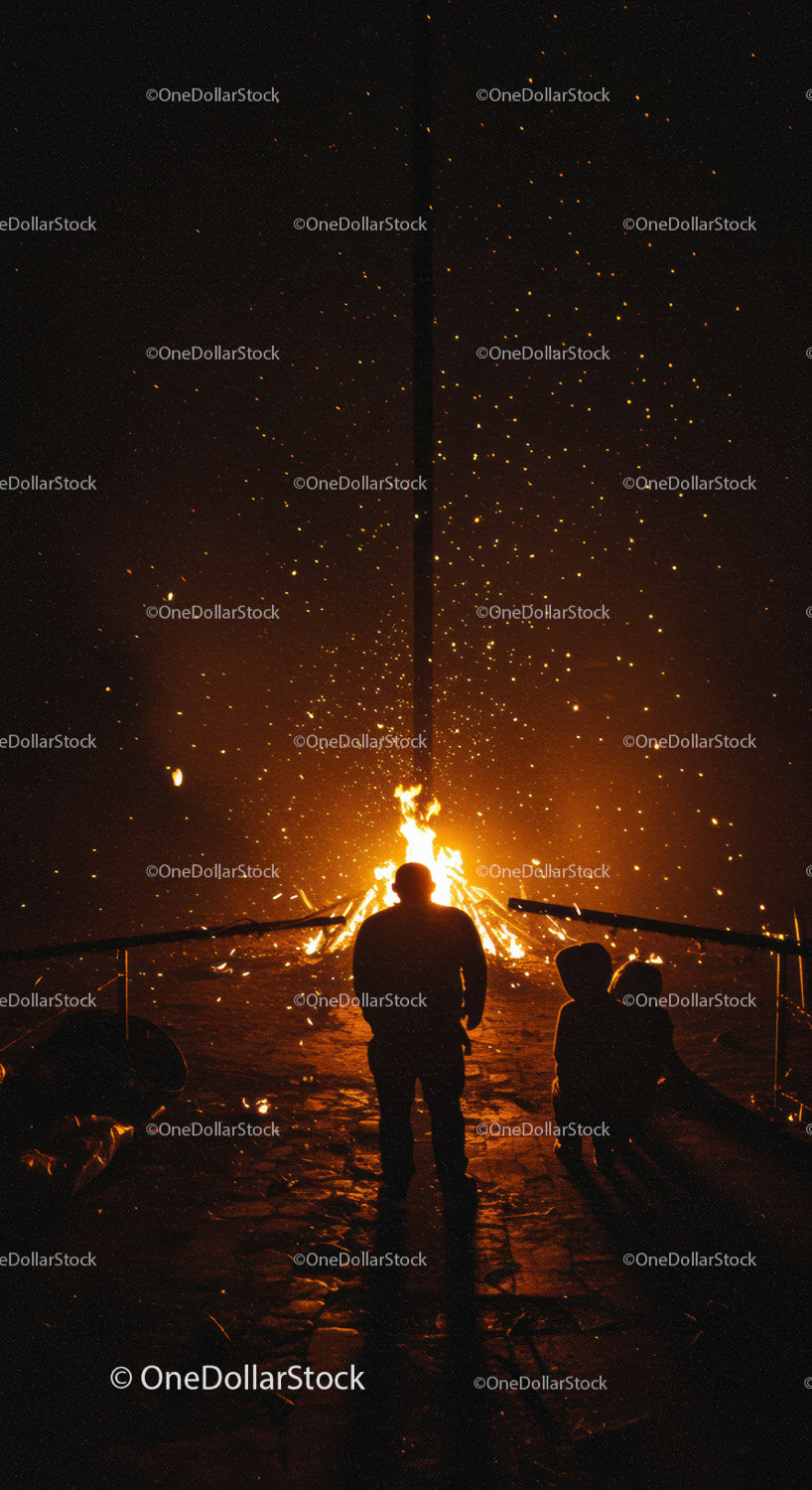 Silhouettes gathered around a bright night bonfire