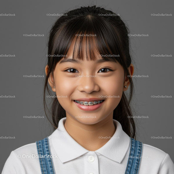 Smiling Young Girl with Braces Wearing Denim Overalls and White Polo