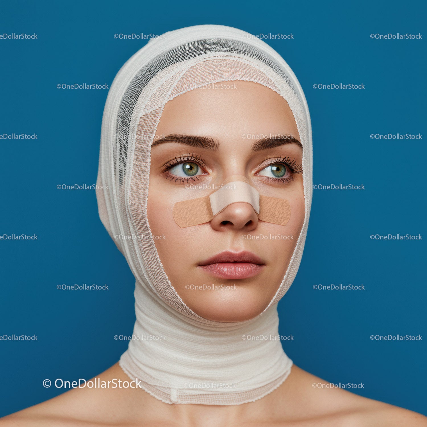 Young Woman with Bandages on Nose Skincare Healing Concept