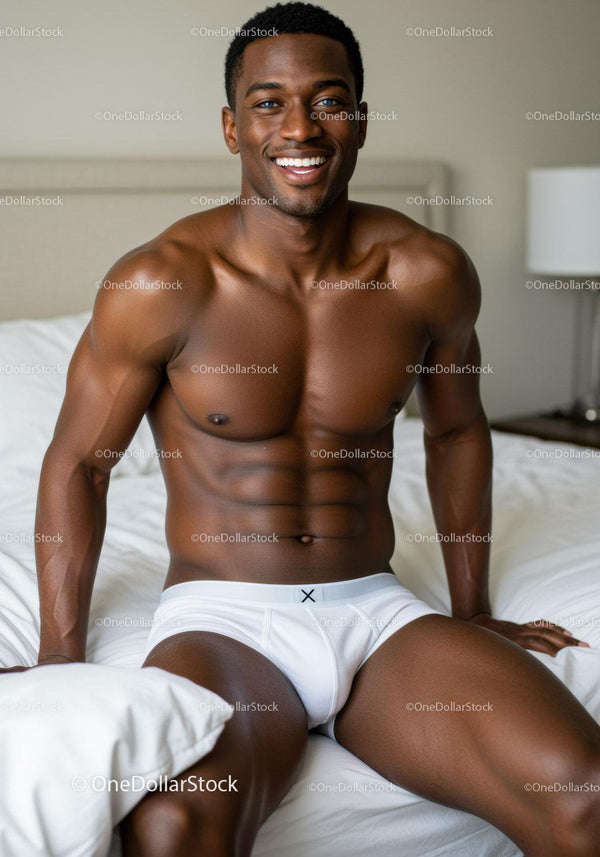 Smiling athletic man relaxing on bed in white underwear