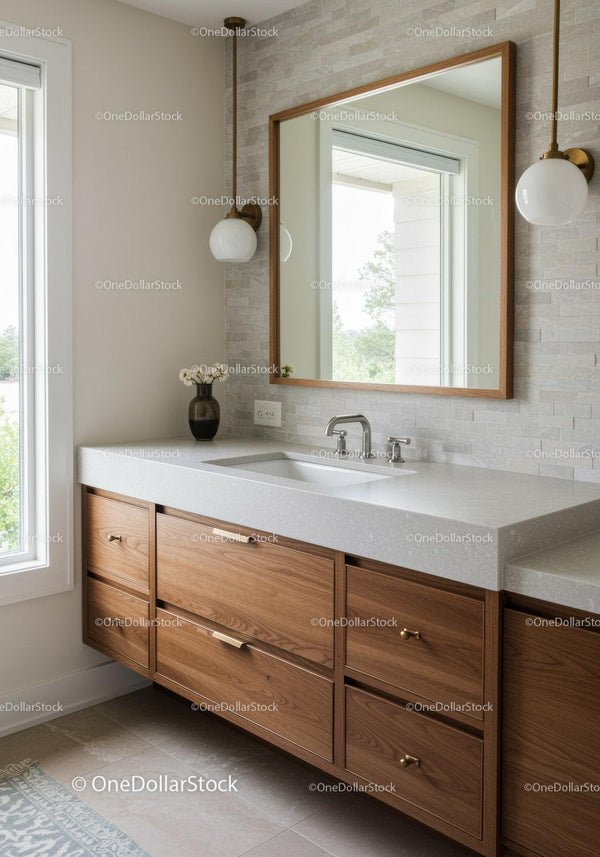 Modern Bathroom with Wooden Vanity and Elegant Decor