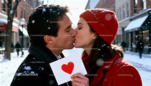 Couple Kissing Outdoors on Snowy Winter Day