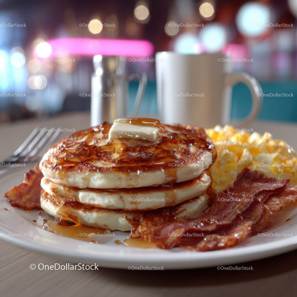 Stack of Fluffy Pancakes with Melted Butter and Syrup