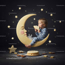 Toddler in pajamas nibbling cookie on crescent moon