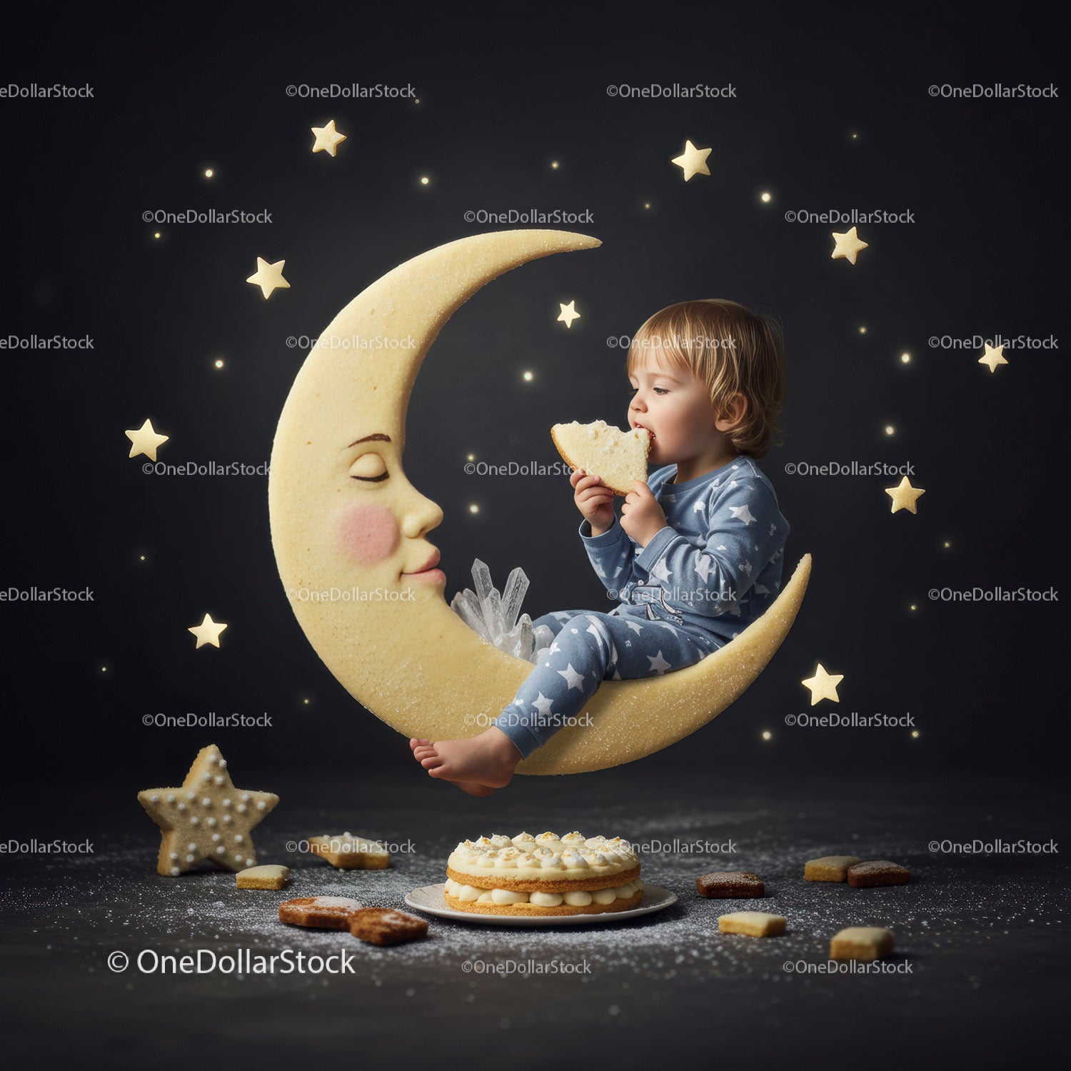 Toddler in pajamas nibbling cookie on crescent moon