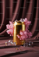 Chilled golden can with pink smoke and ice cubes