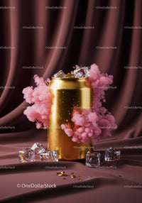 Chilled golden can with pink smoke and ice cubes