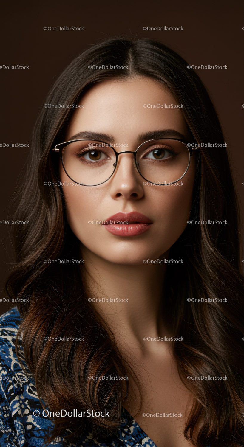 Elegant Woman with Glasses and Long Brown Hair Portrait