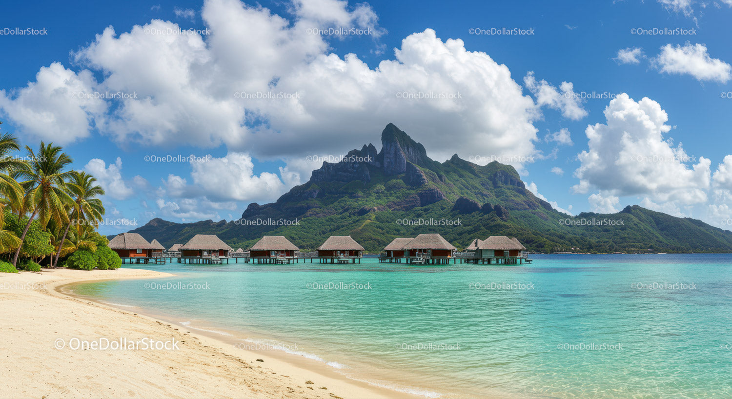 Tropical Island with Overwater Bungalows and Mountain Backdrop