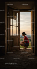 Young woman reflecting by open door at sunset