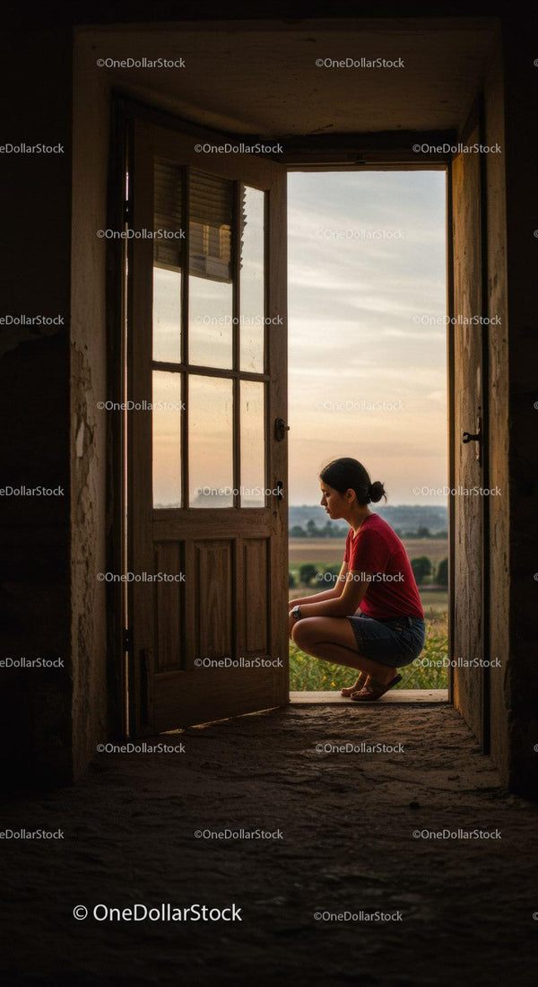 Young woman reflecting by open door at sunset