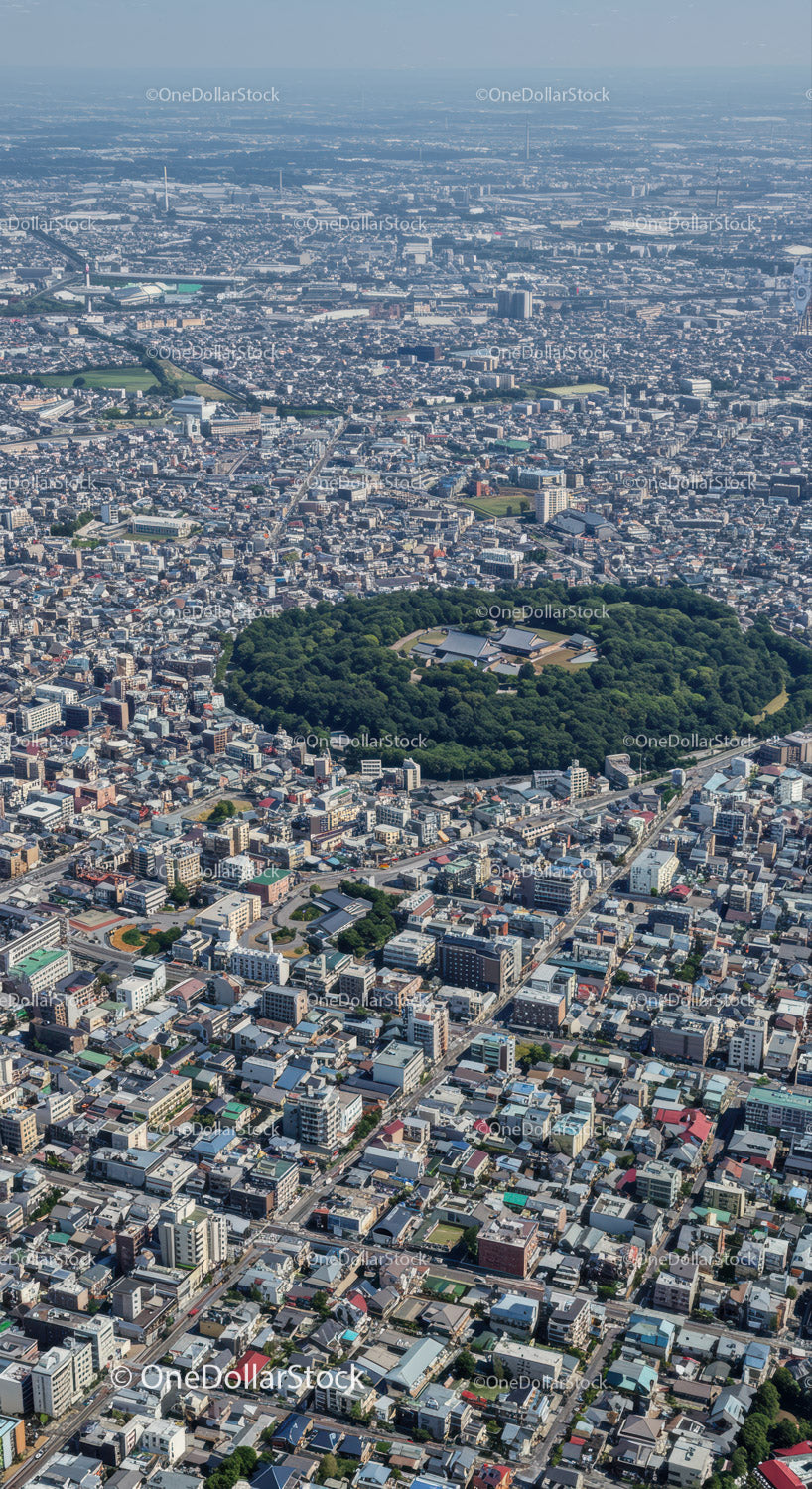 Aerial View of a Busy Urban City with Skyscrapers and Green Parks